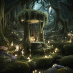 An enchanted forest with towering trees, moss-covered stones, a sparkling creek, and a magical well in the heart of it. Fill the scene with butteries, fairies and magical flora glowing under the moonlight