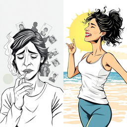 A split image featuring two women in contrasting emotional states