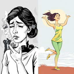 A split image featuring two women in contrasting emotional states