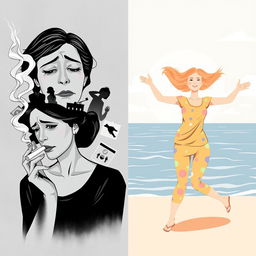 A split image featuring two women in contrasting emotional states