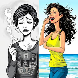 A split image featuring two women in contrasting emotional states