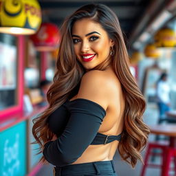 A confident and attractive woman with beautiful features, showcasing her curves in a stylish outfit that enhances her voluptuous figure