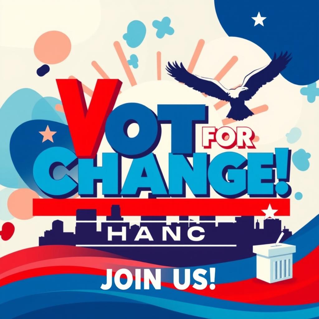 A vibrant and eye-catching political campaign banner for an upcoming election, featuring bold text that reads 'Vote for Change!' in a dynamic, modern font