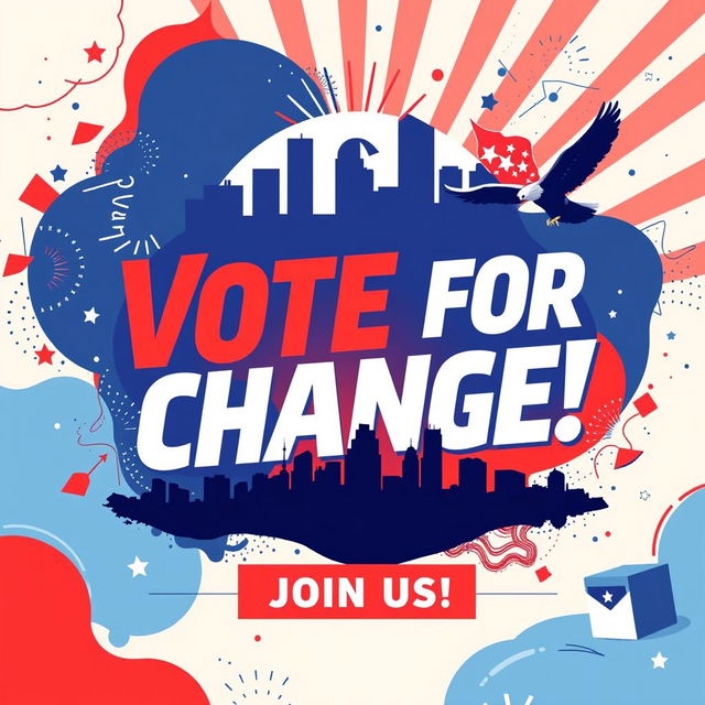 A vibrant and eye-catching political campaign banner for an upcoming election, featuring bold text that reads 'Vote for Change!' in a dynamic, modern font