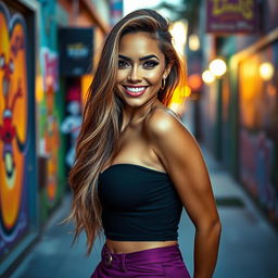 A stunningly beautiful woman with a captivating smile, long flowing hair, and an alluring outfit that accentuates her curves