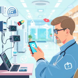 A detailed illustration representing telehealth through the Internet of Things (IoT)