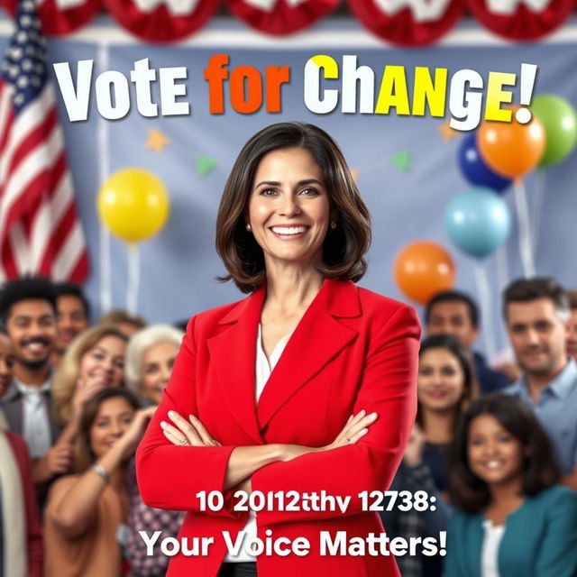 A vibrant and engaging election poster featuring a confident and charismatic candidate standing proudly in front of a diverse group of supporters