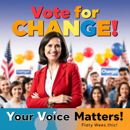 A vibrant and engaging election poster featuring a confident and charismatic candidate standing proudly in front of a diverse group of supporters