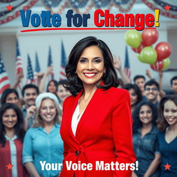 A vibrant and engaging election poster featuring a confident and charismatic candidate standing proudly in front of a diverse group of supporters
