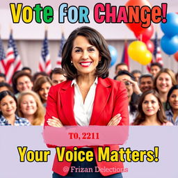 A vibrant and engaging election poster featuring a confident and charismatic candidate standing proudly in front of a diverse group of supporters