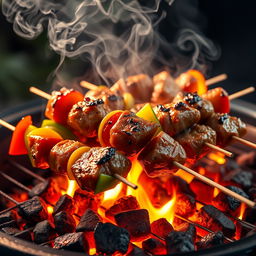 A hyper-realistic image of meat skewers sizzling on a grill inside a barbecue, showcasing juicy and perfectly cooked pieces of meat