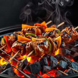A hyper-realistic image of meat skewers sizzling on a grill inside a barbecue, showcasing juicy and perfectly cooked pieces of meat