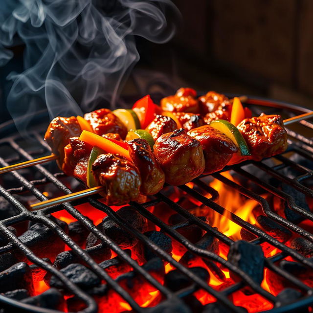 A hyper-realistic image of meat skewers sizzling on a grill inside a barbecue, showcasing juicy and perfectly cooked pieces of meat