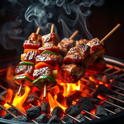 A hyper-realistic image of meat skewers sizzling on a grill inside a barbecue, showcasing juicy and perfectly cooked pieces of meat