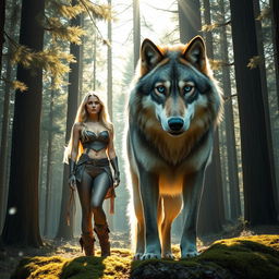 A majestic scene featuring a beautiful blonde woman standing confidently beside a large, fierce wolf in a dense forest