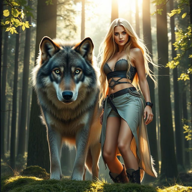 A majestic scene featuring a beautiful blonde woman standing confidently beside a large, fierce wolf in a dense forest