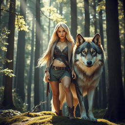A majestic scene featuring a beautiful blonde woman standing confidently beside a large, fierce wolf in a dense forest