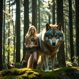 A majestic scene featuring a beautiful blonde woman standing confidently beside a large, fierce wolf in a dense forest