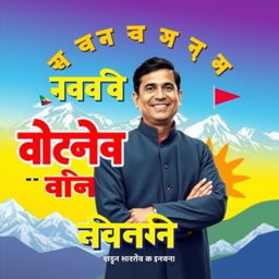 A vibrant election poster designed in Nepali, featuring a charismatic political leader standing confidently with a backdrop of a beautiful mountainous landscape typical of Nepal, such as the Himalayas