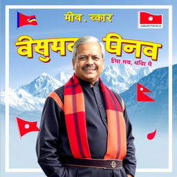 A vibrant election poster designed in Nepali, featuring a charismatic political leader standing confidently with a backdrop of a beautiful mountainous landscape typical of Nepal, such as the Himalayas