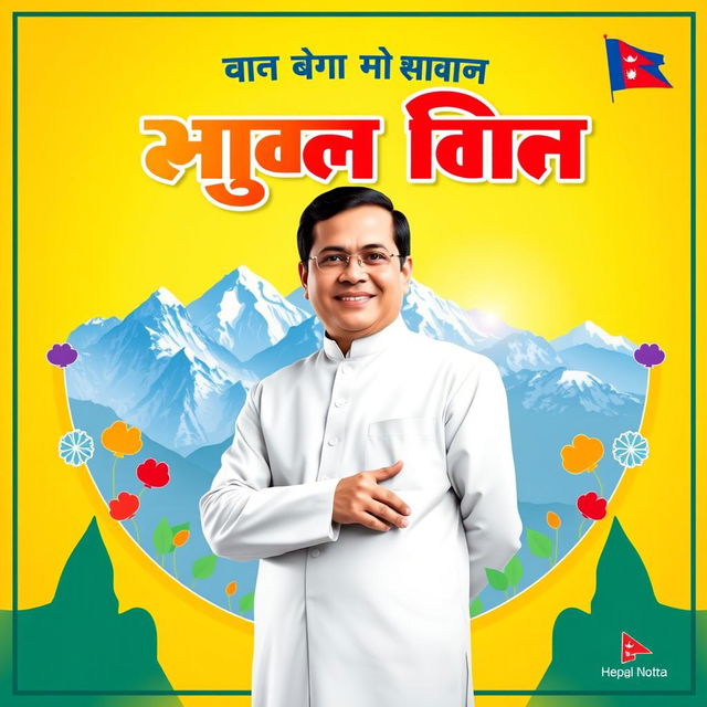 A vibrant election poster designed in Nepali, featuring a charismatic political leader standing confidently with a backdrop of a beautiful mountainous landscape typical of Nepal, such as the Himalayas