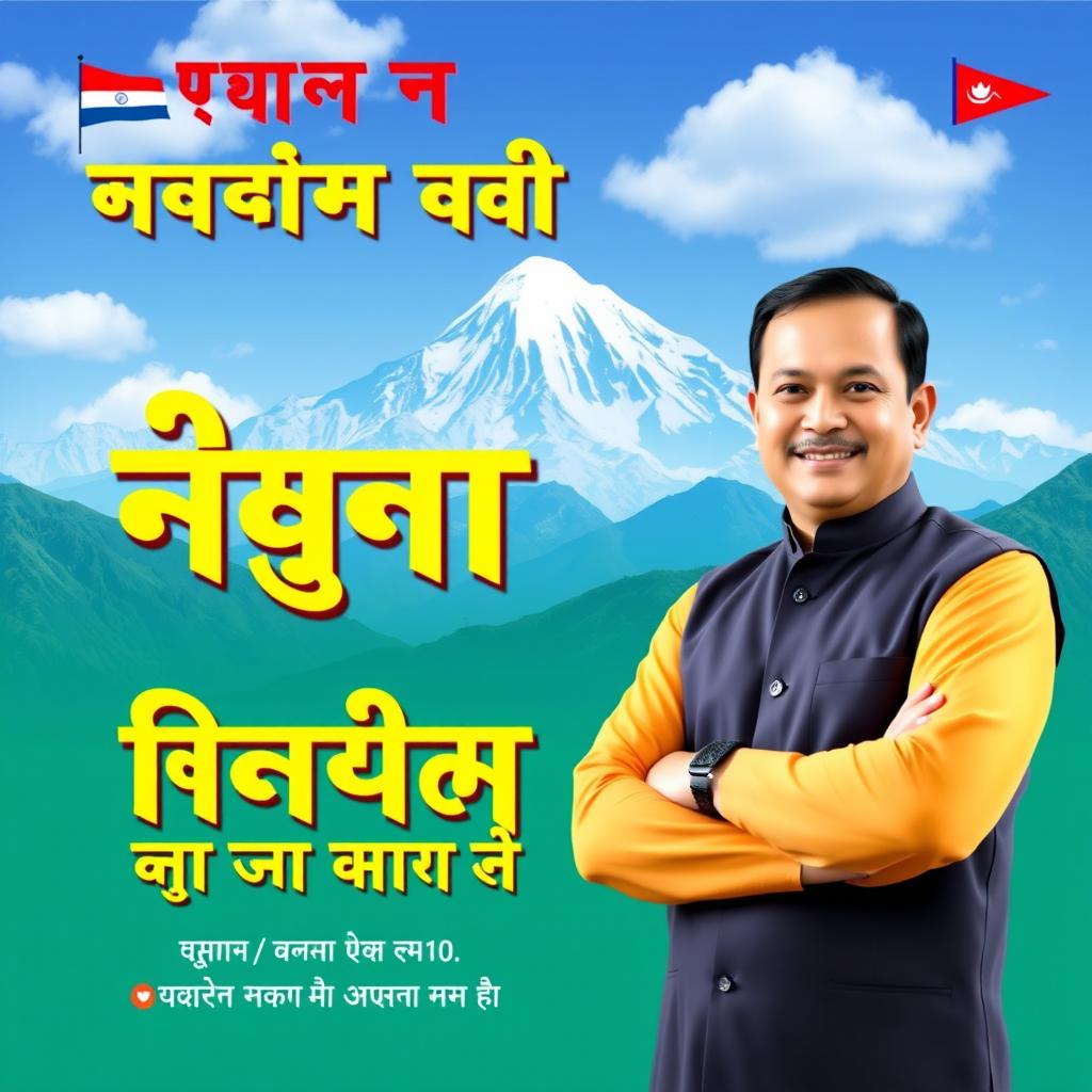 A vibrant election poster designed in Nepali, featuring a charismatic political leader standing confidently with a backdrop of a beautiful mountainous landscape typical of Nepal, such as the Himalayas