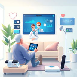 A highly detailed and beautiful illustration of telehealth, showcasing the concept of Internet of Things (IoT) in healthcare