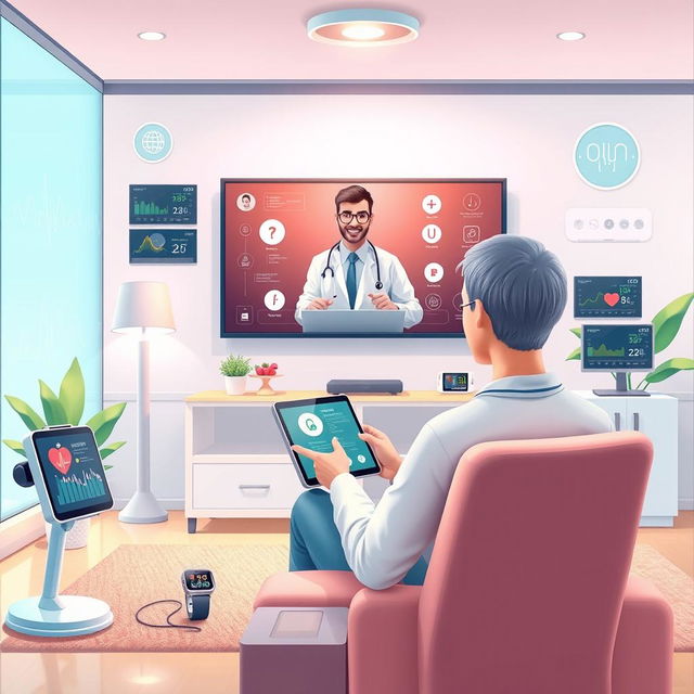 A highly detailed and beautiful illustration of telehealth, showcasing the concept of Internet of Things (IoT) in healthcare