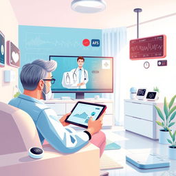 A highly detailed and beautiful illustration of telehealth, showcasing the concept of Internet of Things (IoT) in healthcare