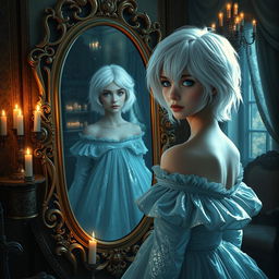 A woman with white hair, disguised as a boy, stands in front of an ornate mirror
