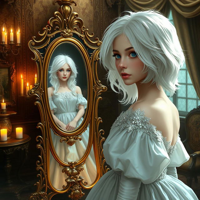 A woman with white hair, disguised as a boy, stands in front of an ornate mirror