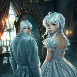 A woman with white hair, disguised as a boy, stands in front of an ornate mirror