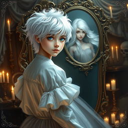 A woman with white hair, disguised as a boy, stands in front of an ornate mirror