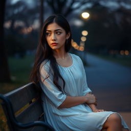 A sorrowful woman sitting alone on a park bench, lost in thought, with tears welling up in her eyes