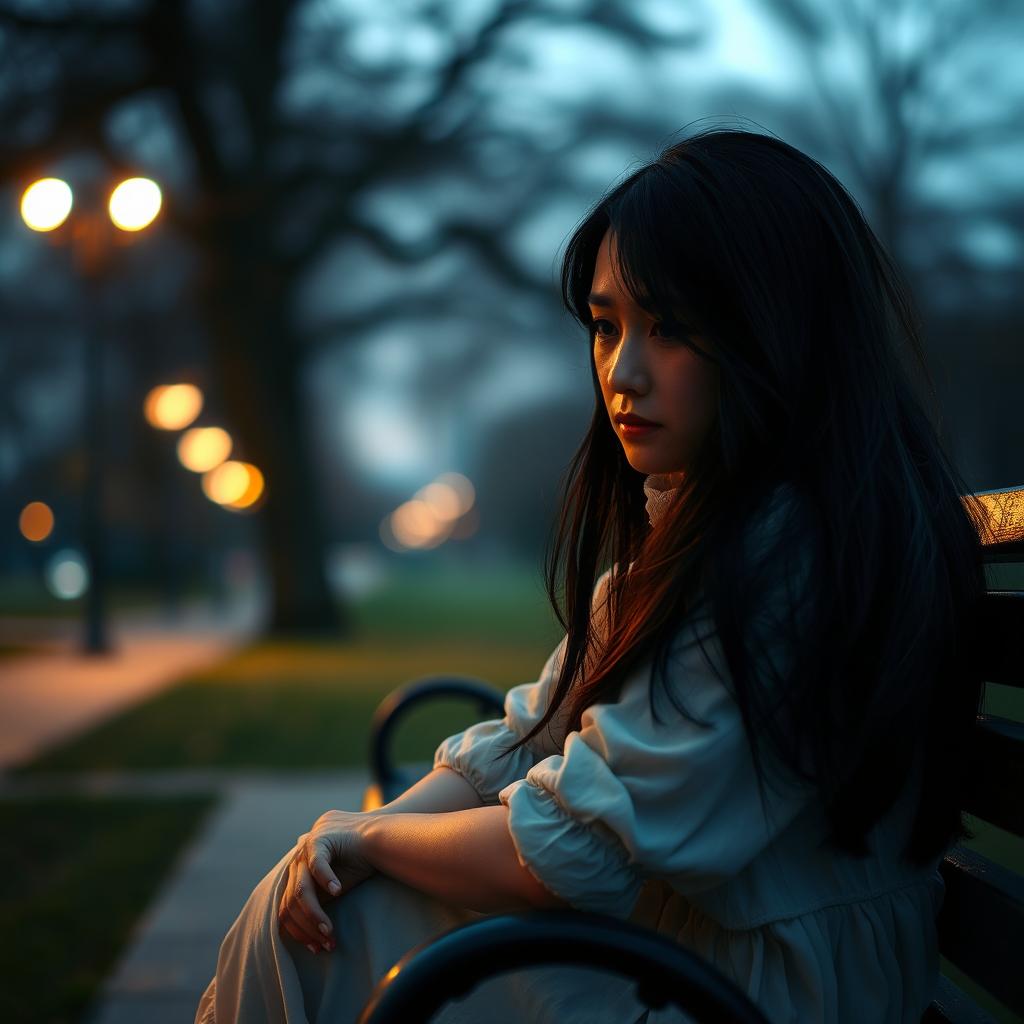 A sorrowful woman sitting alone on a park bench, lost in thought, with tears welling up in her eyes