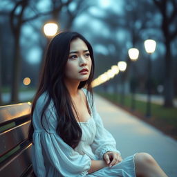 A sorrowful woman sitting alone on a park bench, lost in thought, with tears welling up in her eyes