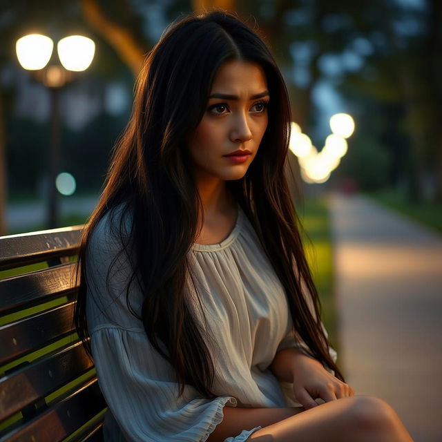 A sorrowful woman sitting alone on a park bench, lost in thought, with tears welling up in her eyes