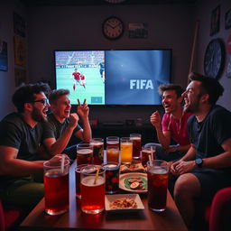 A vibrant scene of five friends gathered around a large screen, engrossed in a thrilling game of FIFA
