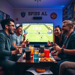 A vibrant scene of five friends gathered around a large screen, engrossed in a thrilling game of FIFA