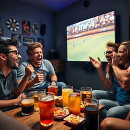 A vibrant scene of five friends gathered around a large screen, engrossed in a thrilling game of FIFA