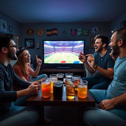 A vibrant scene of five friends gathered around a large screen, engrossed in a thrilling game of FIFA