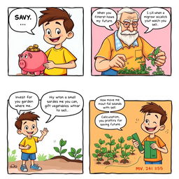 A colorful comic strip with multiple panels showcasing the theme of saving and investing