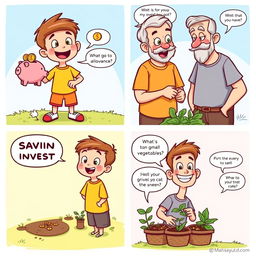 A colorful comic strip with multiple panels showcasing the theme of saving and investing