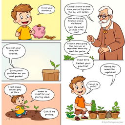 A colorful comic strip with multiple panels showcasing the theme of saving and investing