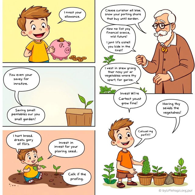 A colorful comic strip with multiple panels showcasing the theme of saving and investing