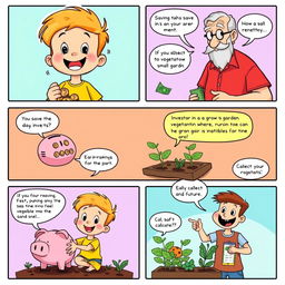 A colorful comic strip with multiple panels showcasing the theme of saving and investing