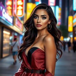 A stunning and glamorous transgender woman with striking features, wearing an elegant and fashionable outfit that highlights her confidence
