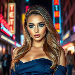 A stunning and glamorous transgender woman with striking features, wearing an elegant and fashionable outfit that highlights her confidence