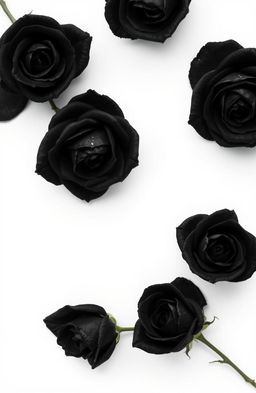 A striking book cover featuring black roses artistically arranged against a pure white background