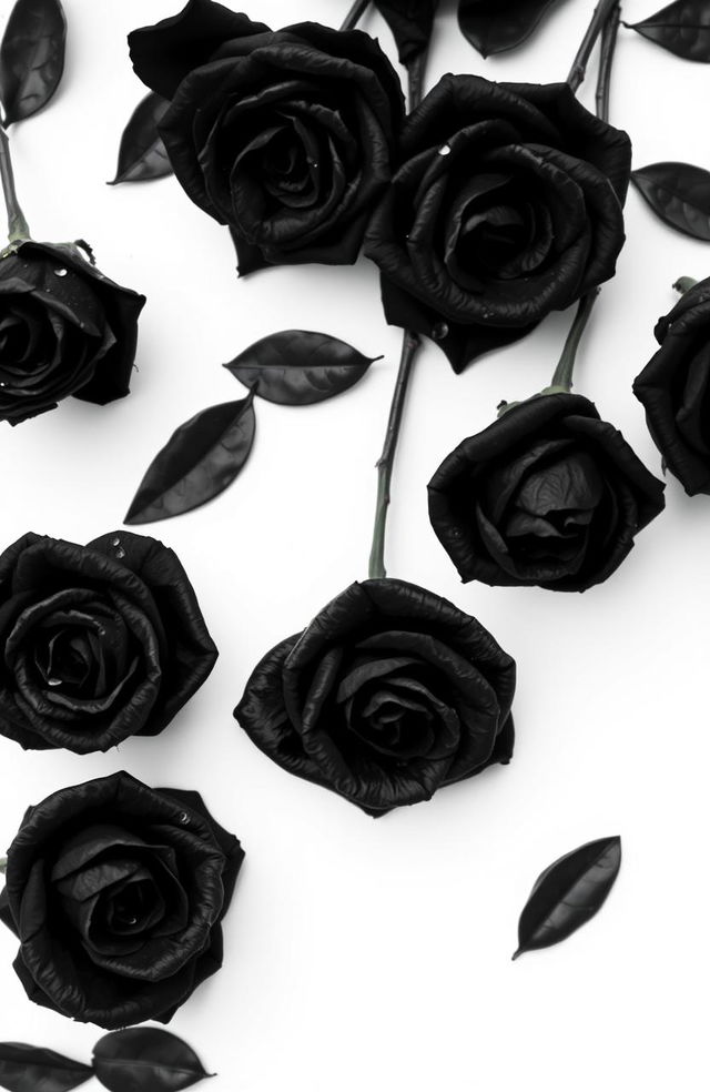 A striking book cover featuring black roses artistically arranged against a pure white background